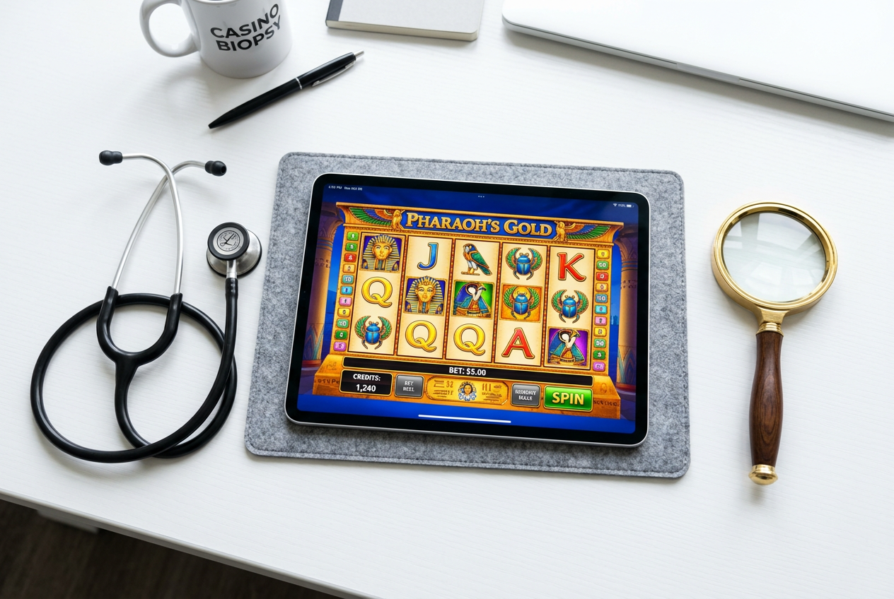 Tablet wyświetlający grę na automacie obok narzędzi analitycznych
