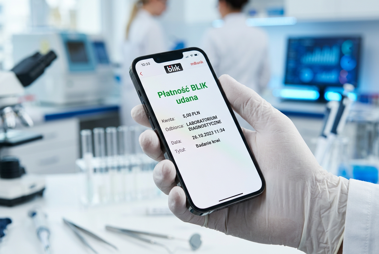 Zbliżenie na smartfon z potwierdzeniem płatności BLIK w nowoczesnym otoczeniu